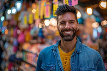 Close-up portrait of a happy male customer in a supermarket near the shelves with goods. Young smiling Hispanic man shopping in a department store. Consumerism concept.