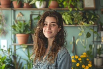 Close-up portrait of a young Caucasian woman decorating home with indoor plants. Attractive female blogger presenting her hobby. Charming girl blogs about home decor.