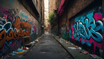 A gritty urban alley with graffiti tags and street art