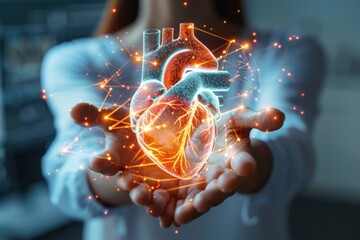 Cropped close-up of a female holding neon glowing heart hologram in her hands. A woman examines a detailed 3D holographic image of a human heart. Innovation, heart health and cardiology concept. - Powered by Adobe