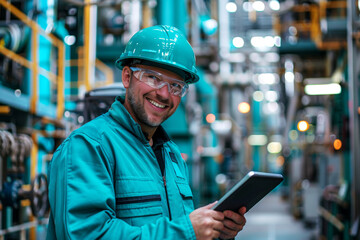 Portrait of smiling male refinery technician in uniform, safety hard hat and protective goggles. Mature Caucasian man uses a digital tablet to control settings of technological equipment.