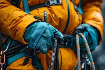 Cropped close-up of industrial alpinist adjusting climbing gear, preparing safety ropes. Industrial climber in protective outwear and gloves works in any, even the most severe weather conditions. - obrazy, fototapety, plakaty
