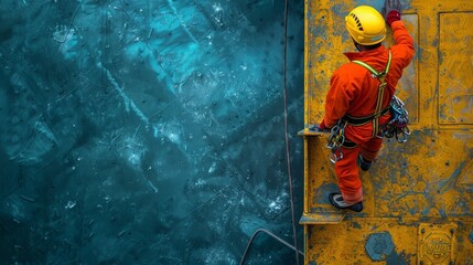 Male industrial mountaineer worker in bright uniform climbing up a steep wall. Industrial climber works at an industrial facility using safety gear. Industrial alpinism concept.