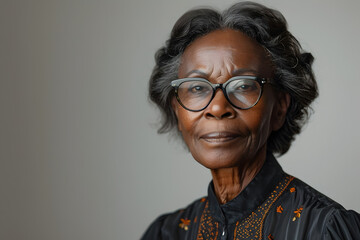 
Imagine
2d  Close up happy elderly black woman in glasses wearing  blouse isolated on white...