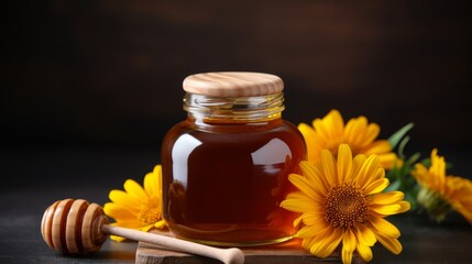 Organic honey jar with flowers on minimalist background, ideal for versatile uses