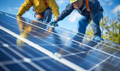 A solar panels installation with workers installing a panel
