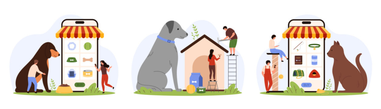 Pet store in mobile phone app set. Tiny people choose vet product category to buy food or toys for dog or cat, man and woman shopping for order, building puppy kennel cartoon vector illustration