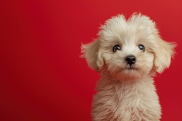 Fluffy Maltese Puppy Against Striking Red, Full of Cuteness and Charm - Generative AI