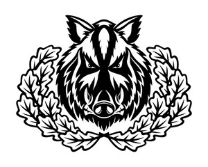 Wild boar and oak leaves icon on white background.