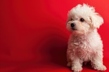 Fluffy Maltese Puppy Against Striking Red, Full of Cuteness and Charm - Generative AI