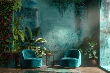 a room with chairs and plants - obrazy, fototapety, plakaty