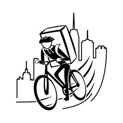 Food delivery man icon riding a bicycle on a white background.