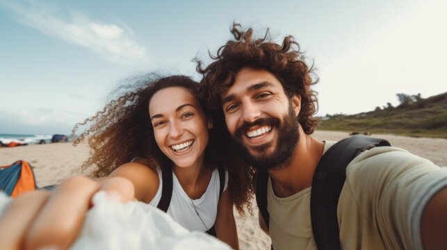 A man and woman are smiling for a picture on a beach