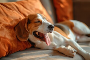 Cozy Beagle Enjoying a Relaxing Yawn on a Comfy Sofa - Generative AI