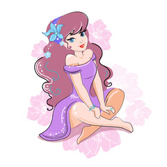 Beautiful cartoon fairy and a pink flowers on a white background. Vector illustration for children - 767866631