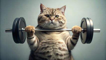 A comical image of an overweight cat lifting a barbell, creatively suggesting fitness and health themes in a lighthearted way - obrazy, fototapety, plakaty