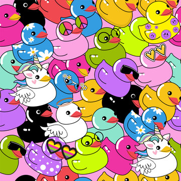 Fototapeta Colorful duck seamless pattern. Vector illustration in cartoon style for packaging