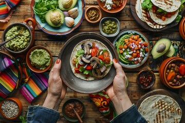 Mushroom and vegetable taco from a top view, surrounded by various dishes such as guacamole, tortillas, and salsas on the table with colorful Mexican napkins and plates against a wood kitchen  - obrazy, fototapety, plakaty