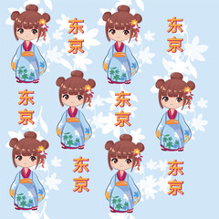 Cute cartoon little girl in anime style wearing a blue kimono seamless pattern. Tokyo inscription in Chinese. Vector illustration design print for t-shirt on a white background isolated - 767867034