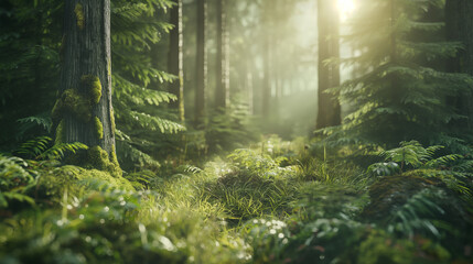 Sunshine through the forest with fern and moss