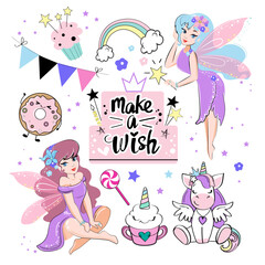Cute birthday set with fairies, unicorn, cake and lettering make a wish. Vector cartoon illustration isolated. Design for t-shirts, party decoration