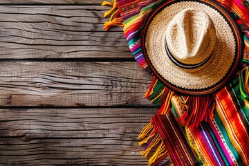 Mexican sombrero and colorful poncho on wooden background with copy space, Cinco de Mayo - obrazy, fototapety, plakaty