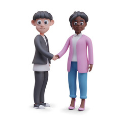 Man and woman of different races shake hands. Concept of equality, partnership