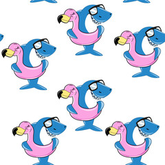 Funny cartoon sharks with sunglasses and flamingo on a white background seamless pattern. Summer concept for kids - 767867217