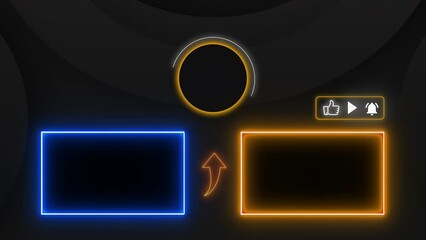 Blue and orange neon end screen. Subscribe button and outro for gaming and video channels