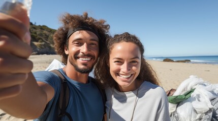 Naklejka premium A man and woman are smiling and posing for a picture on a beach
