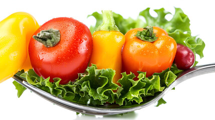 Fresh mixed vegetables on fork isolated on white, generative ai