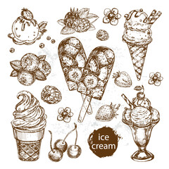 Hand drawn sketch illustration with ice cream and fruits - 767867449