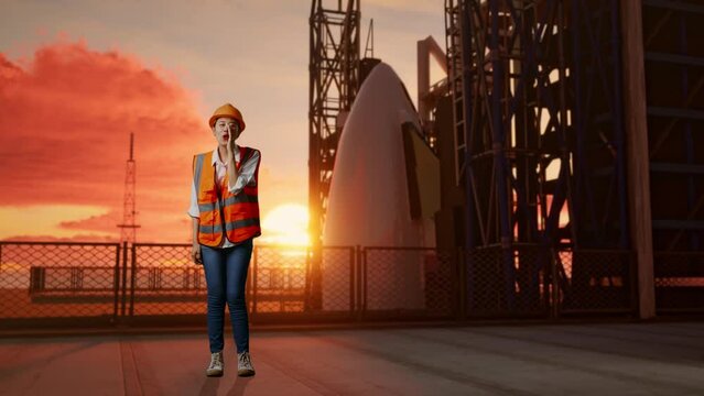 Full Body Of Asian Female Engineer With Safety Helmet Yelling With Hand Over Mouth While Standing With Space Shuttle, Sunset Time