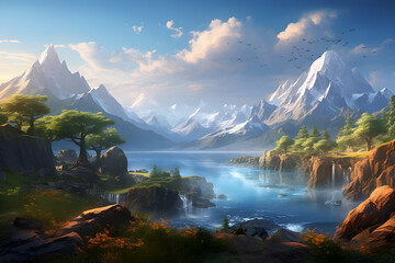 Breathtaking Sunrise Over the Green Mountains in a Dreamy CG Landscape