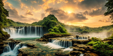 Fantasy landscape with waterfalls, panorama. - obrazy, fototapety, plakaty