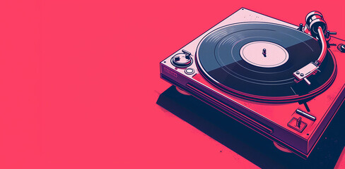 a stylish retro vinyl record player on a red background with a free space for a message, when time does not affect stylish things - obrazy, fototapety, plakaty