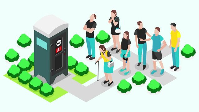 People nervously standing in line for the restroom. Flat art animation