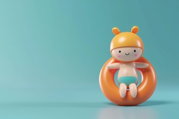 cute cartoon character with a rubber pool ring on vacation.. 3D render style - 767867814