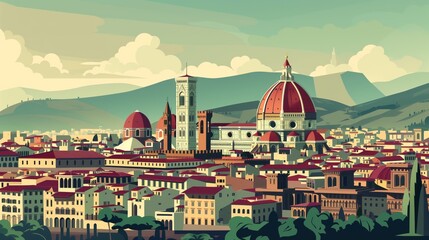 Florence cityscape illustration capturing the Duomo in vibrant colors - obrazy, fototapety, plakaty