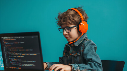Young geek boy with headphones coding on laptop on teal color background professional photography - obrazy, fototapety, plakaty