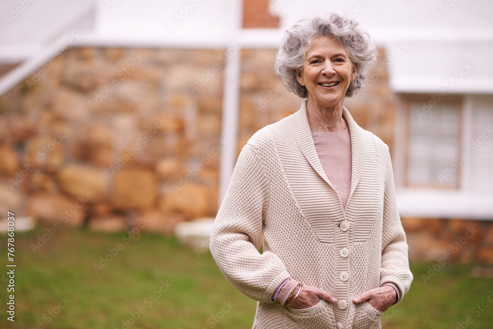 Sticker Senior woman, smile and portrait in garden with happiness, backyard and patio with mockup space. Elderly female person, mature lady and pensioner happy for retirement at home, outdoor and in nature