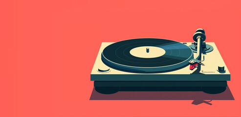 a stylish retro vinyl record player on a red background with a free space for a message in a minimalist, when time does not affect stylish things - obrazy, fototapety, plakaty