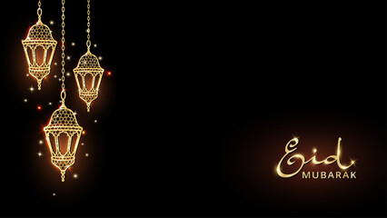 Ramadan or Al-Adha banner with golden shiny lanterns decoration. Hanging traditional eastern lamps. Islamic glowing border. Muslim holidays corner frame. Ramadan calligraphy in arabic style. Vector.