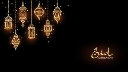 Ramadan or Al-Adha banner with golden shiny lanterns decoration. Hanging traditional eastern lamps. Islamic glowing border. Muslim holidays corner frame. Ramadan calligraphy in arabic style. Vector.