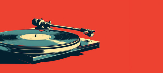 a stylish retro vinyl record player on a red background with a free space for a message in a minimalist, when time does not affect stylish things