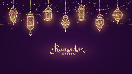 Ramadan or Al-Adha banner with golden shiny lanterns decoration. Hanging traditional eastern lamps. Islamic glowing border. Muslim holidays corner frame. Ramadan calligraphy in arabic style. Vector.