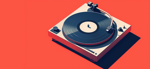 a stylish retro vinyl record player on a red background with a free space for a message, when time does not affect stylish things