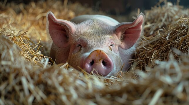 Nestled in soft straw bedding, a serene sow basks in contentment, offering a picturesque glimpse into the tranquil world of farm life for pigs.