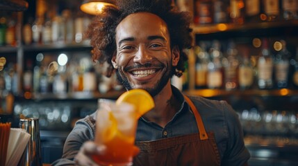 In a charming close-up, a bartender beams with warmth while skillfully crafting a cocktail, symbolizing the pinnacle of hospitality and service excellence. - obrazy, fototapety, plakaty