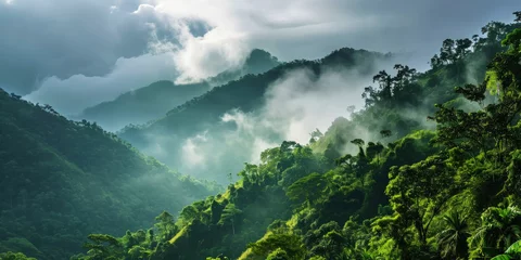 Tuinposter Tropical green mountains with mist. Cloudy foggy sky backdrop. Generative AI © AngrySun
